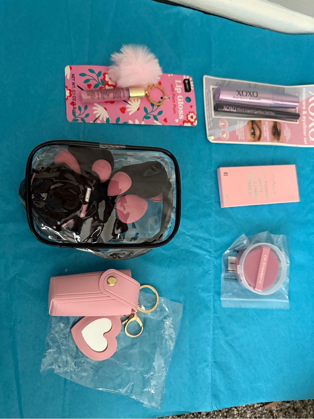 Pink Cosmetic Gift Set with Puff Keychain & Makeup Bag